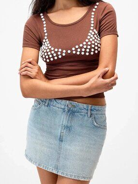 NWT Marbled buttons bikini top tee brown white